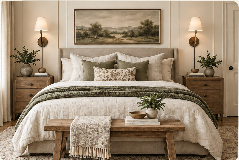 Warm neutral bedroom with a centered bed, nightstands, landscape art and olive accents