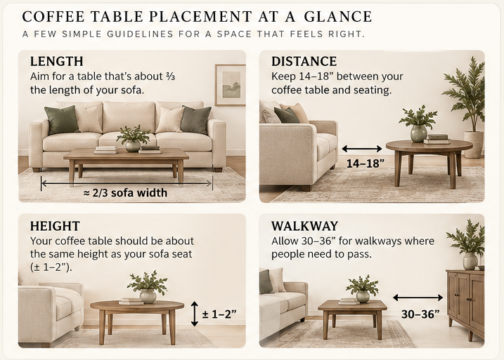 Coffee table placement guide showing sofa length proportion, 14 to 18 inch seating distance, table height near sofa seat height, and 30 to 36 inch walkway clearance.