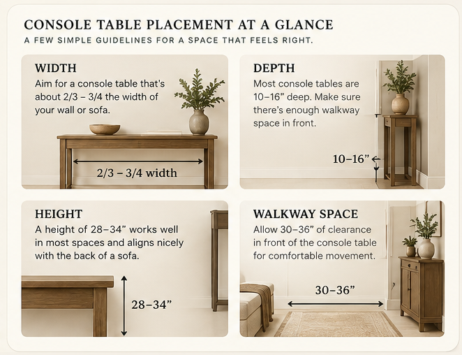 Console table placement guide showing width, depth, height, and walkway clearance recommendations.