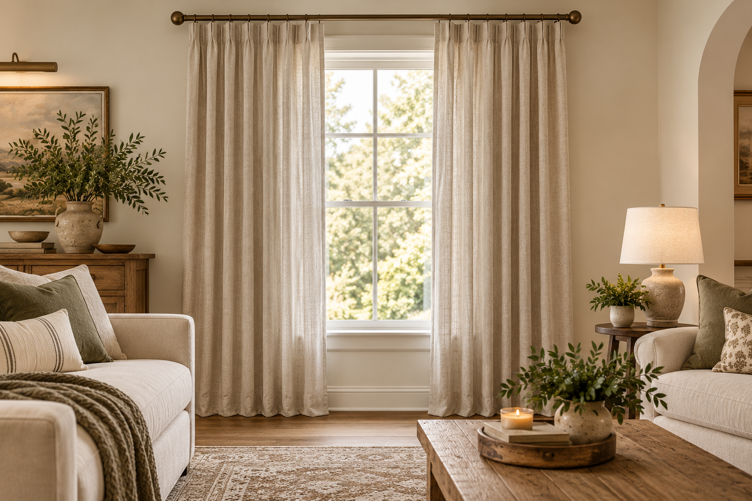 Warm living room with properly placed full-length curtains