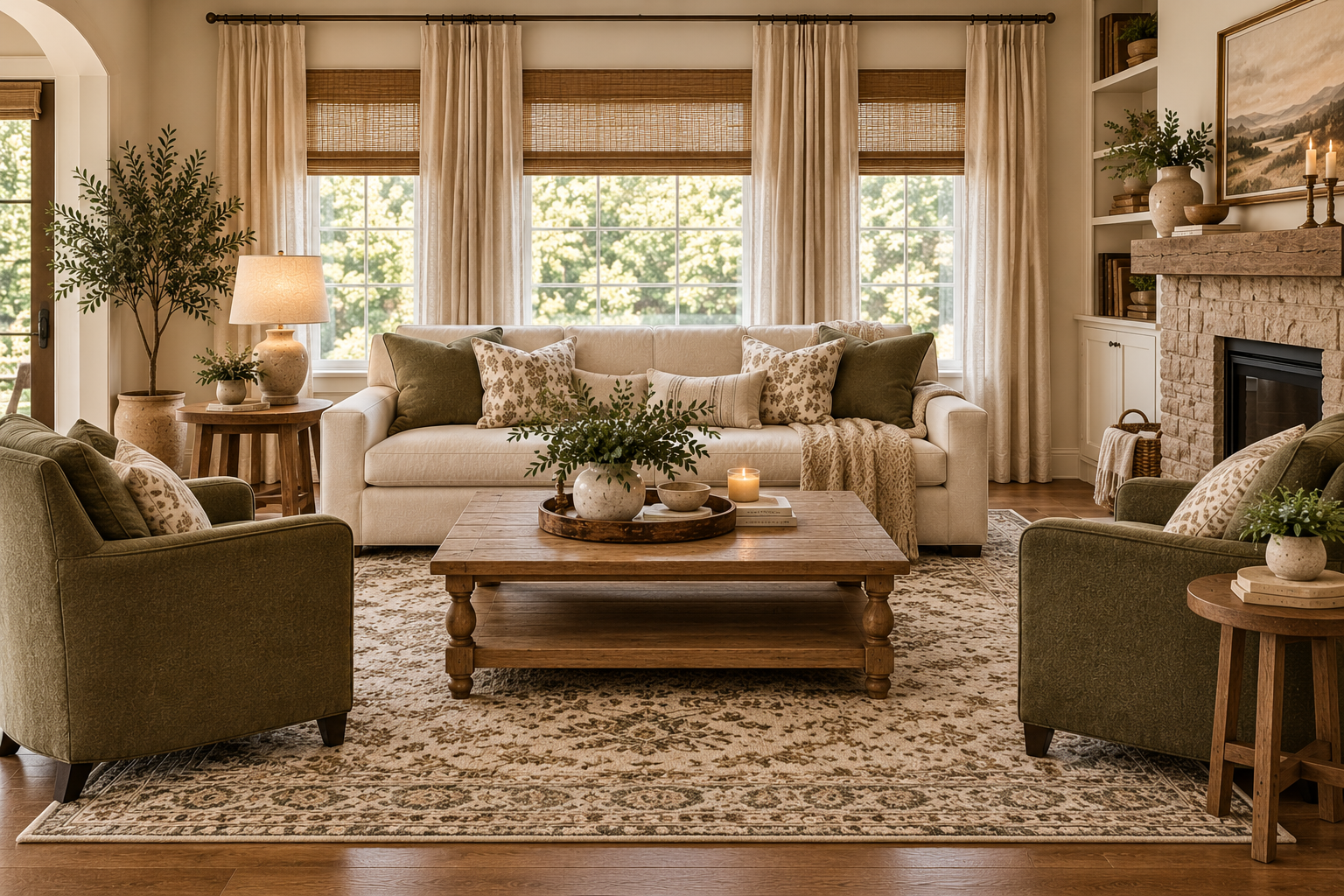 Warm living room with sofa, accent chairs, coffee table, rug and full-length curtains