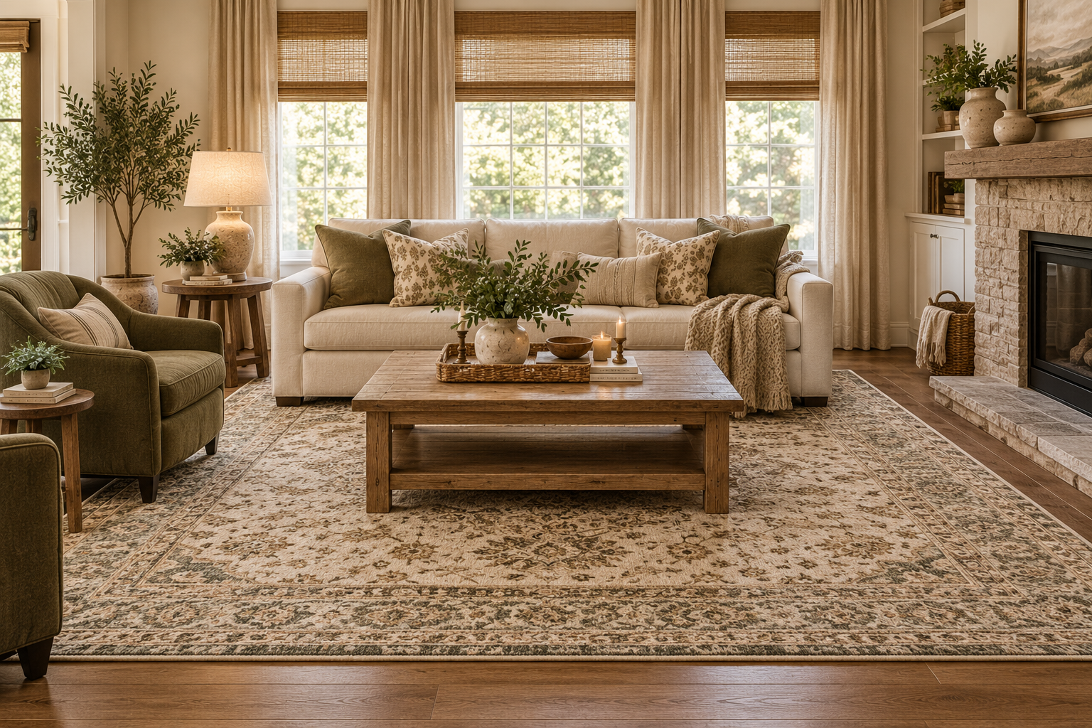 Warm living room showing a properly sized area rug beneath the seating group