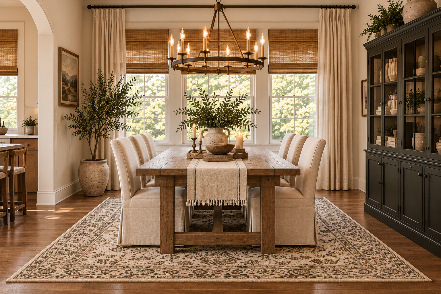 Warm dining room with a wood table and upholstered chairs