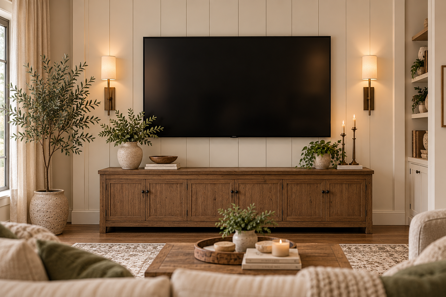 Warm living room with wall-mounted TV and rustic media console