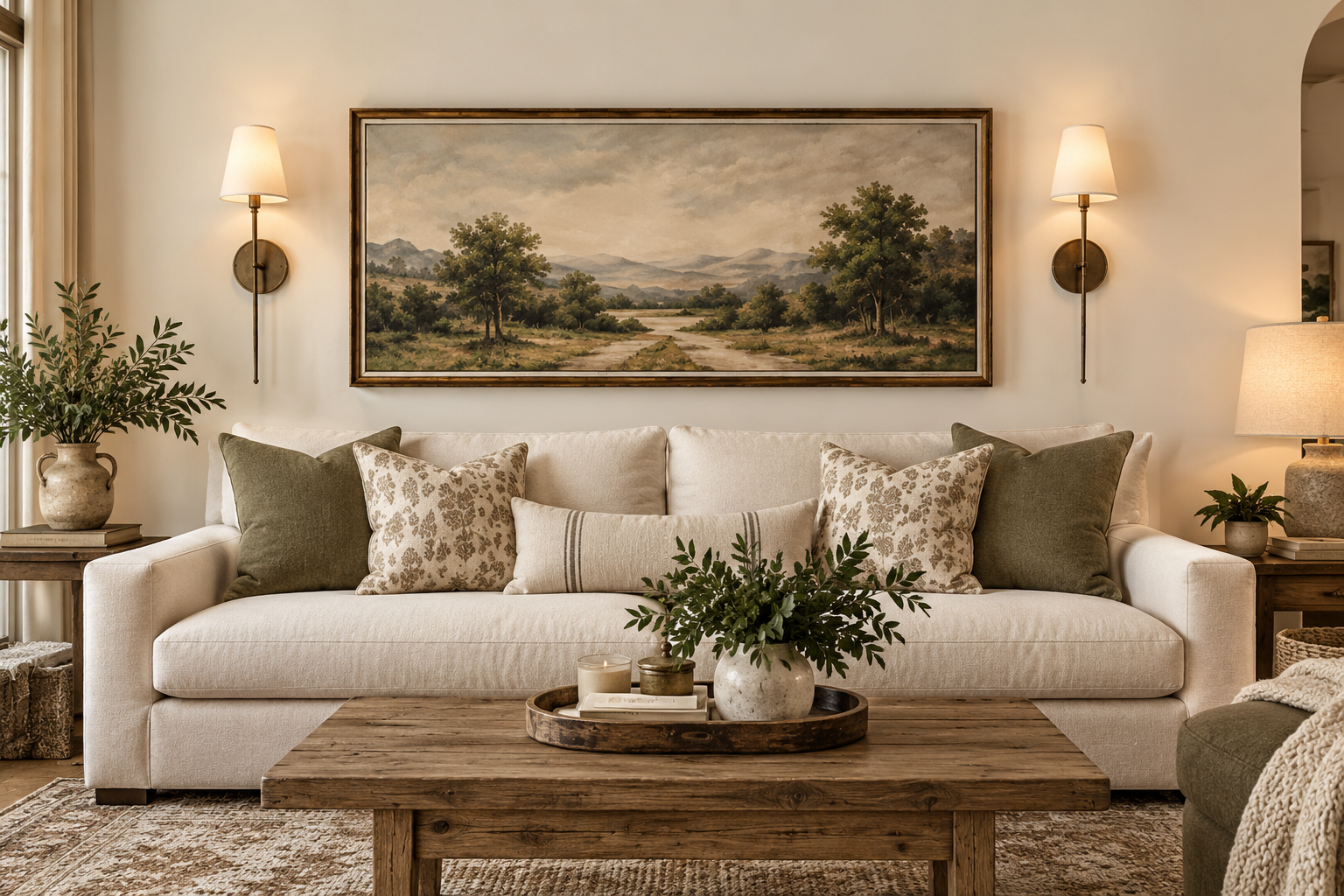 Warm living room showing correctly scaled wall art above a sofa